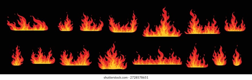 Cartoon fire flames, bonfire and burning firewall, vector icons. Wildfire red hot flames of campfire or furnace hearth burning and torch light blaze, fireball symbols and burning firewall effect
