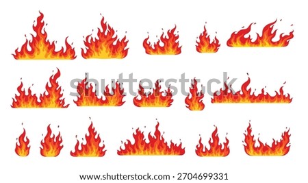 Cartoon fire flames, bonfire and burning firewall, vector icons. Wildfire red hot flames of campfire or furnace hearth burning and torch light blaze, fireball symbols and burning firewall effect