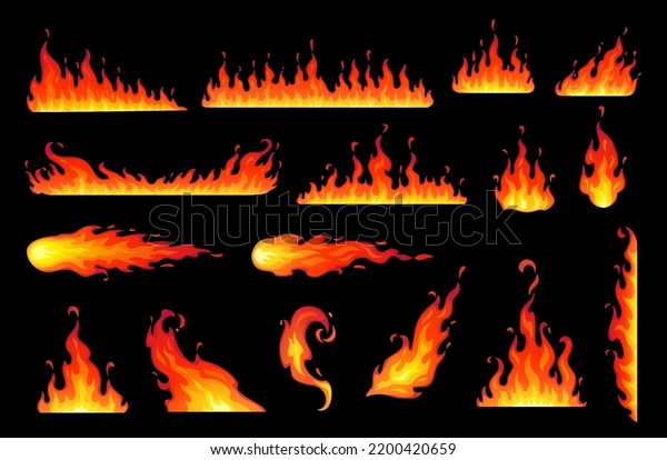 Cartoon fire\
flames. Bonfire fire, flaming comet or meteor. Wildfire, fireplace\
and bonfire, campfire fire line border or isolated vector separator\
with hot orange flames\
blazes