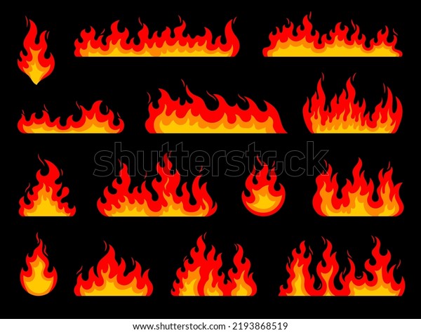 Cartoon fire\
flames. Bonfire fire. Hell and devil flame, campfire or fireplace\
fire, wildfire blaze hot red and orange flames frame borders or\
isolated vector fire dividers\
set