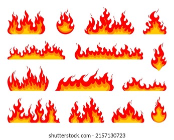 Cartoon fire flames, bonfire, fire, isolated vector campfire or torch burning blaze. Glowing shining flare borders with long waving tongues. Ignition stripes of fire flames