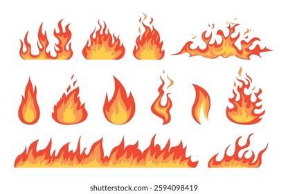 Cartoon fire flames flat collection. Fire flames, bright fireball, heat wildfire and red hot bonfire, campfire. Vector illustration.