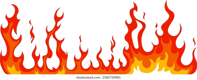 Cartoon fire flames rising and forming a vibrant border of red and orange bonfire, creating a striking contrast against a clean white background