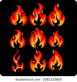 Cartoon fire flames set. Hot bonfire elements, burning effects, hell blaze
