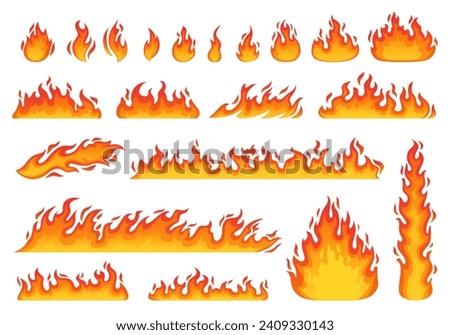 Cartoon fire flames set. Hot bonfire elements, burning effects, hell blaze. Vector symbols for campfire, fireballs or torch