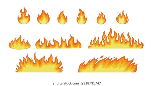 Cartoon Fire Flames Set isolated on White Background, Vector Illustration Flat Design Style, Bright Bonfire. stock illustration