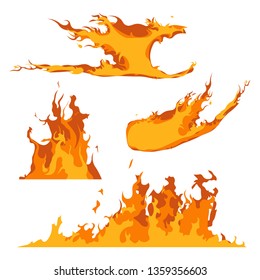 Cartoon Fire Flames Set and Line Light Effect for Web, Game Design Flat Style. Vector illustration