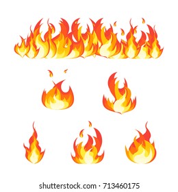 Cartoon Fire Flames Set and Line Light Effect for Web, Game Design Flat Style. Vector illustration