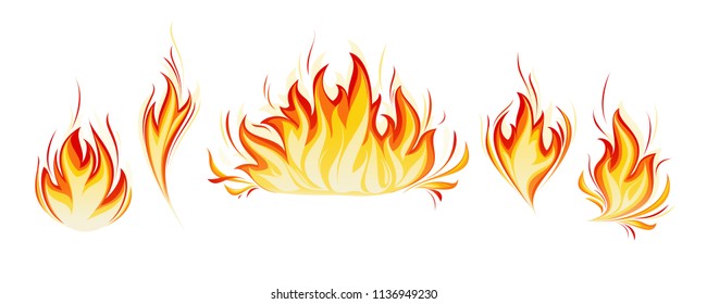 Cartoon Fire Flames Vector Set. Ignition Light Effect, Flaming Symbols. Hot Flame Energy, Effect Fire Animation Illustration. Realistic Flames Tongues. Vector Illustration.