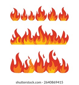Cartoon Fire Flames Vector Set. Burning Flame Icons Collection. Flat cartoon vector fire flames set with different shapes. Great for icons, game design, warning signs, and hot effect elements.