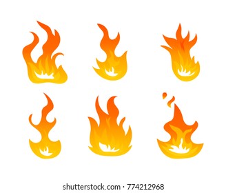 Cartoon fire flames vector set. Ignition light effect, flaming symbols. Hot flame energy, effect fire animation illustration on white background