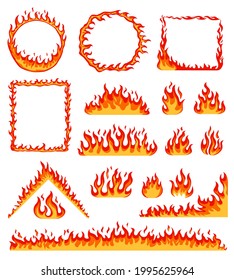 Cartoon fire frame. Red hot burning circle and rectangular frames. Horizontal flame border, campfire, blazing fire line effect vector set. Geometric flammable shapes as circle triangle