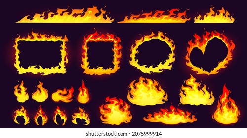 Cartoon fire frames and bonfire, rectangular, square, round and heart shaped burning borders with long red and yellow flame tongues on edges isolated blazing borders 2d elements, Vector icons set