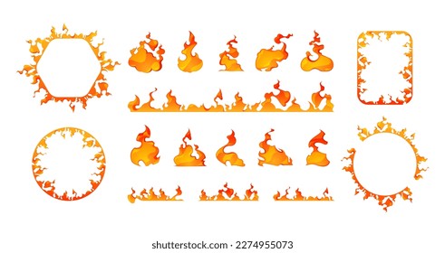 Cartoon fire frames. Square and round flaming figures, burning orange and red borders, game asset 2d elements, ignited edges. Vector isolated set. Various bright burning frames collection