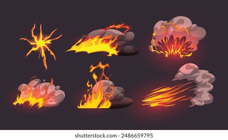 Cartoon fire game effect icon set. Hot flame comic graphic illustration for ui design. Danger flammable attack motion detail. Isolated burning and fiery power with heat light trail