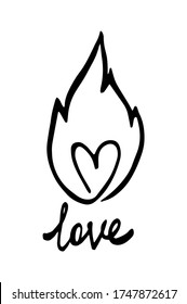 Cartoon fire heart flame. Love text. Graphic element vector. Sketch fire heart, love. Hand drawing hot black tattoo illustration on white background. Line silhouette bonfire draw. Retro brush outline
