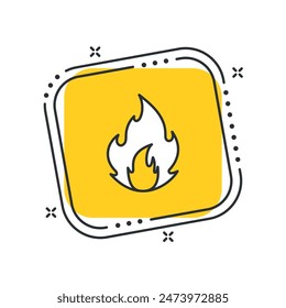 Icono de fuego de caricatura Ilustración vectorial. Llama sobre fondo cuadrado amarillo aislado. Concepto de signo de hoguera.