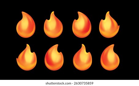 
Cartoon fire icons. Orange symbols, flame emblems. Isolated bell fire, hot burn fire. Recent flammable, dangerous or ignition elements
