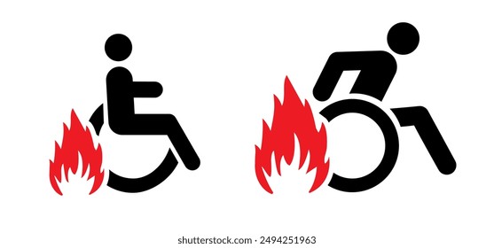 Evacuación de pacientes por incendios de caricaturas, concepto de salida. Grabar símbolo o icono del paciente. Logotipo del paciente despedido. Despedido, discapacitado de Flame. Iconos de emergencia como escape. Silla de ruedas con llamas. Silla de ruedas con llamas. 