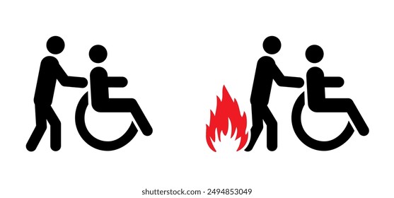 Evacuación de pacientes por incendios de caricaturas, concepto de salida. Grabar símbolo o icono del paciente. Logo humano disparado. Despedido, persona de Flame. Iconos de emergencia como escape. Silla de ruedas con llamas. Silla de ruedas con llamas. 