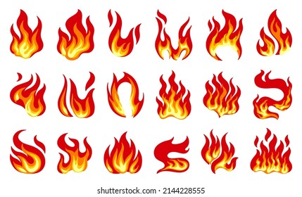 Cartoon-Feuer. Feuerlöschelement, Flammenausbreitung und Warmsymbol, flammrotes Logo. Vektor-Einzelsatz