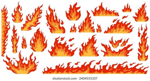 Cartoon fire. Red flame. Differently curved burning. Different directions and intensity. Bonfires or fiery borders. Orange blaze. Inferno element. Hot temperature. Recent