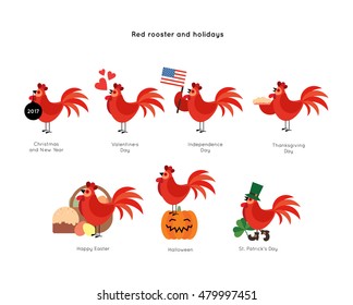 Cartoon fire rooster. Vector Holiday 2017 New year symbol. Cock bird and different holidays: Christmas, Valentine's Day, Independence Day, St. Patrick's Day, Easter, Halloween, Thanksgiving day