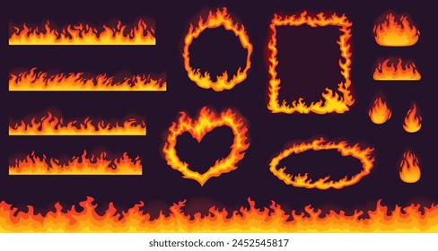 Cartoon fire seamless borders and frames in rectangle, circle, oval and heart shapes. Set of vector flame burning elements with heat wave