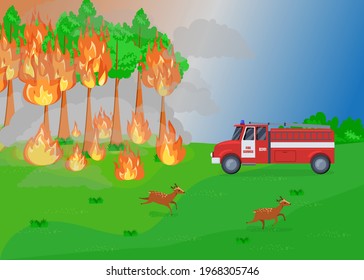 Cartoon fire service and forest fire illustration. Trees burning, firefighters in truck coming to extinguish flames, deer running away. Natural disaster, wildfire concept