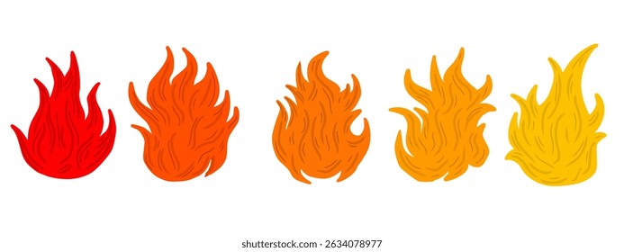 Cartoon fire set. Hand drawn fire icon set with various colors and shapes vector illustration. Sketch style fire graphics