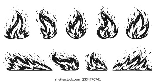 Cartoon fire set. Sparkling igniting flame. Hot temperature blazing dangerous fires. Flaming ignition, flammable blaze heat explosion danger natural gas flames energy flat black symbol, stencil stamp