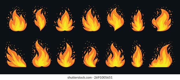 Incendio de dibujos animados. Llama encendida. Temperatura caliente ardiendo incendios peligrosos. Encendido llameante, explosiones de calor inflamables Peligro de explosión Llamas Energía Clipart plano sobre fondo negro