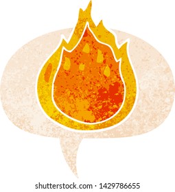 cartoon fire with speech bubble in grunge distressed retro textured style