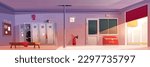 Cartoon fire station interior design. Vector illustration of empty garage and locker room with pole for firefighters. Fireman helmet and uniform on shelf, sand box and extinguisher, city street view