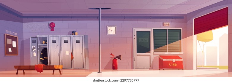 Cartoon fire station interior design. Vector illustration of empty garage and locker room with pole for firefighters. Fireman helmet and uniform on shelf, sand box and extinguisher, city street view