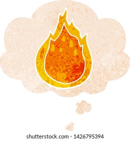 cartoon fire with thought bubble in grunge distressed retro textured style