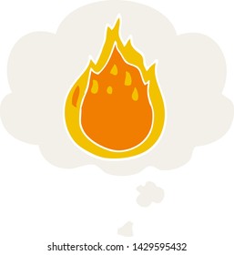 fuego de caricatura con burbuja de pensamiento en estilo retro
