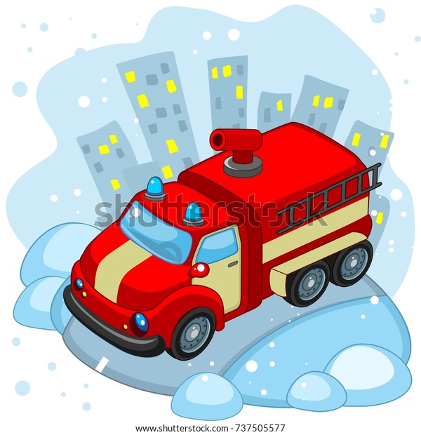 A\
cartoon fire truck is driving along the road in\
winter.