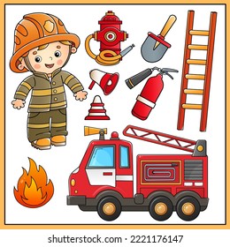 Camión de bomberos con bombero o bombero. La extinción de incendios significa. Transporte profesional. Profesión. Colorido conjunto vectorial de ilustraciones para niños.