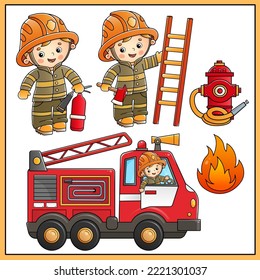 Camión de bomberos con bombero o bombero. La extinción de incendios significa. Transporte profesional. Profesión. Colorido conjunto vectorial de ilustraciones para niños.