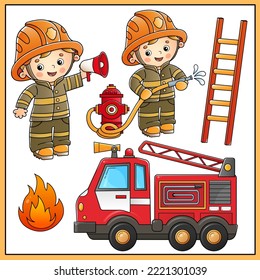 Camión de bomberos con bombero o bombero. La extinción de incendios significa. Transporte profesional. Profesión. Colorido conjunto vectorial de ilustraciones para niños.