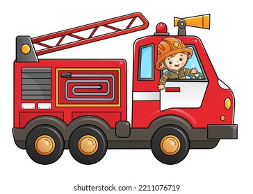 Cartoon fire truck with fireman or firefighter. Professional transport. Profession. Colorful vector illustration for kids.