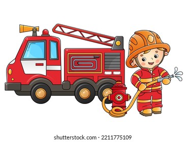 Cartoon fire truck with fireman or firefighter. Fire fighting. Professional transport. Profession. Colorful vector illustration for kids.