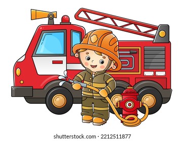 Cartoon-Feuerwehrwagen mit Feuerwehrmann oder Feuerwehrmann. Brandbekämpfung. Professioneller Transport. Beruf. Farbige Vektorgrafik für Kinder.