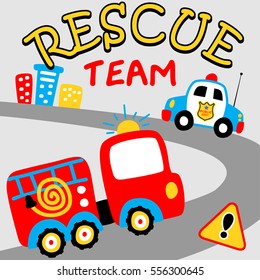 Cartoon Of Fire Truck And Police Car To The Rescue