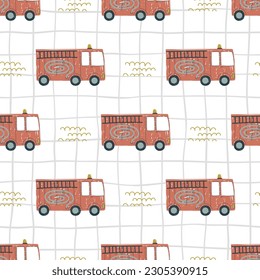 Cartoon fire trucks vector seamless pattern. Cute baby fire trucks on a white background.
 Hand drawn baby transport for textile