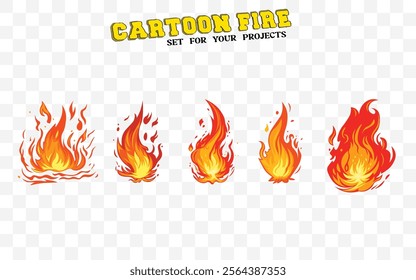 Cartoon fire vector set with blazing flames—perfect for animations, designs, and fiery projects. Bold, vibrant, and ready to use