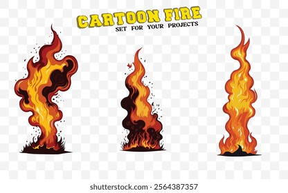 Cartoon fire vector set with blazing flames—perfect for animations, designs, and fiery projects. Bold, vibrant, and ready to use