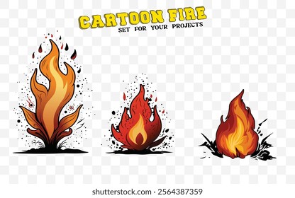 Cartoon fire vector set with blazing flames—perfect for animations, designs, and fiery projects. Bold, vibrant, and ready to use