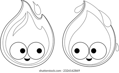 Cartoon fire and water characters. Vector black and white coloring page.